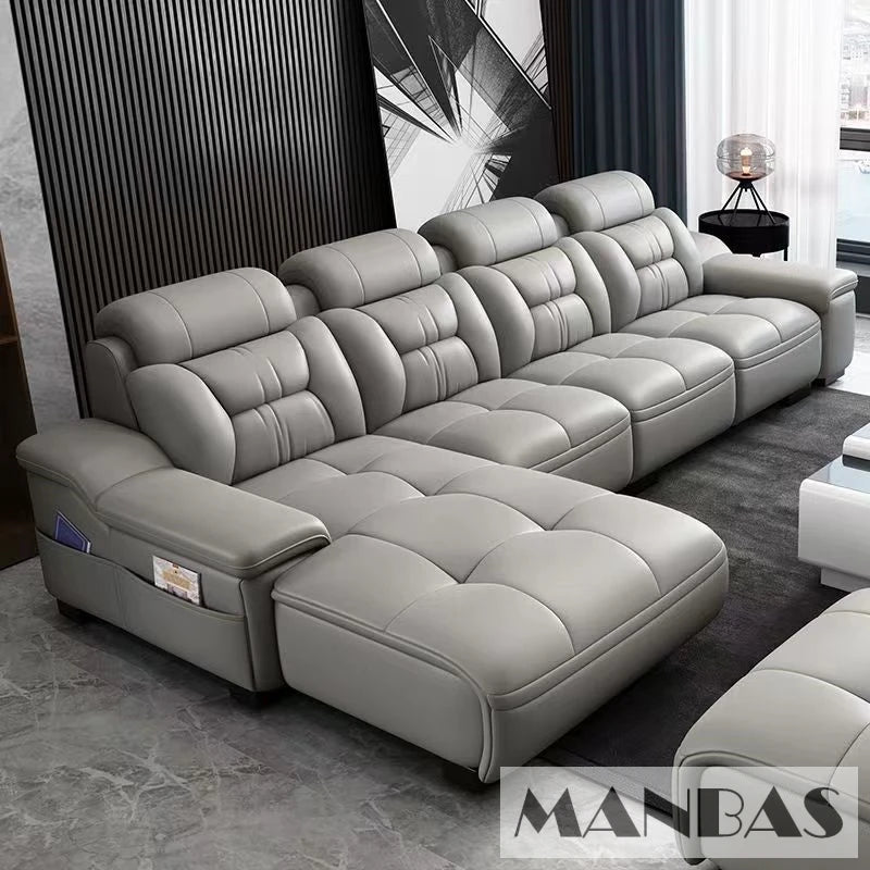 MANBAS Italian Genuine Leather Sectional Sofa with USB Charging, Bluetooth Speaker and Projector - Perfect for Your Living Room