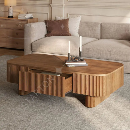 Modern Luxury Living Room Furniture Wood Rectangular Coffee Table Safety Round Corner Coffee Table with Concealed Drawer