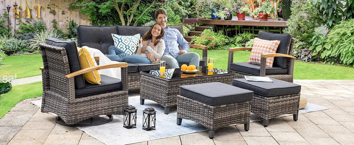 A  6 Pieces Outdoor Rattan Furniture Sets with 2 Wood Armrests Swivel Rocker Chairs, 2 Ottoman, 3-Seat Sofa and Coffee Table