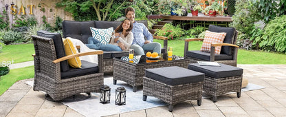 A  6 Pieces Outdoor Rattan Furniture Sets with 2 Wood Armrests Swivel Rocker Chairs, 2 Ottoman, 3-Seat Sofa and Coffee Table