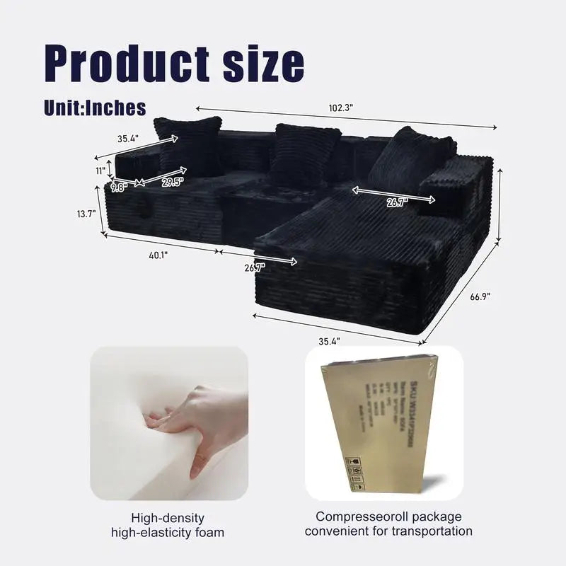 Compression Sectional Sofa with Comfortable Chaise, L-Shaped Sleeper Couch with Deep Seats, Minimalist Modular Couch for Living