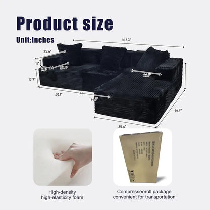 Compression Sectional Sofa with Comfortable Chaise, L-Shaped Sleeper Couch with Deep Seats, Minimalist Modular Couch for Living