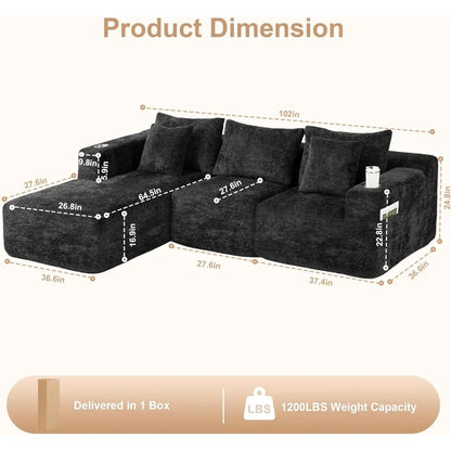 Sectional Sofa with L-Shape Chaise, 102" Cloud Sectional Couch with Deep Seat, 3 Seat Modular Sofa Memory Foam