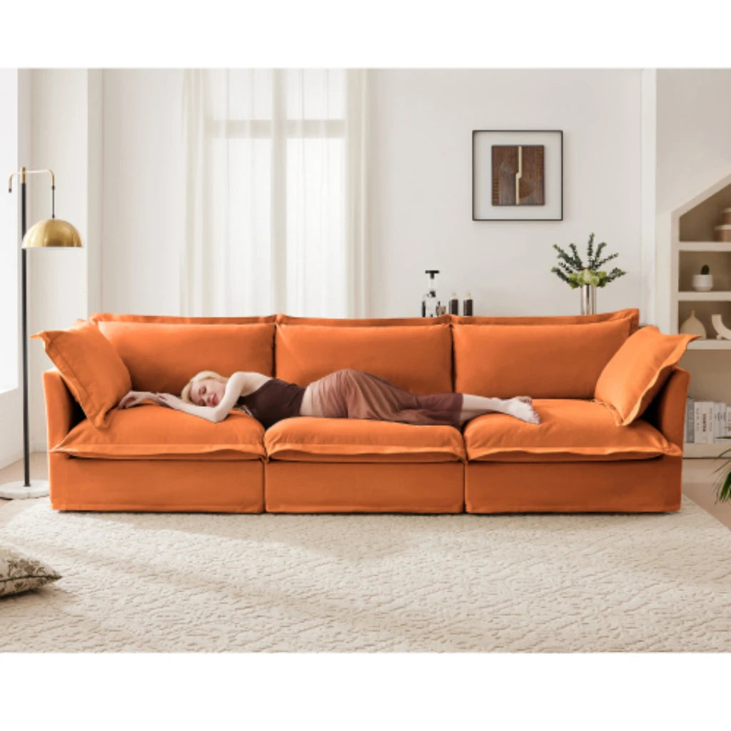Comfortable modern three seater sofa with soft armrests, deep seated sofa with multiple soft large pillows