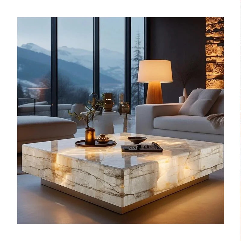 Custom-Size Modern Marble Onyx Coffee Table with RF Polishing Contemporary Design Contemporary Style Square Nature Stone
