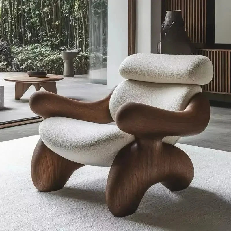 Modern and elegant armchair for adults, made of wood, in a simple Nordic style, ideal for the living room, reading, balcony, or hotel. Trendy and stylish living room furniture