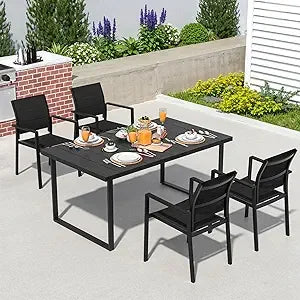 Outdoor Metal Dining Furniture Set with Umbrella Hole, Wood Grain Tabletop,，5-Piece Patio Dining Table and Chair Sets