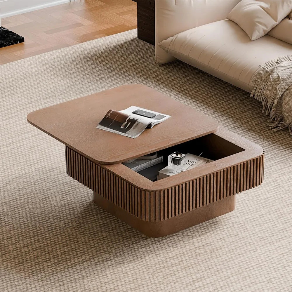 Square Coffee Table for Living Room,Fluted Drum Accent Tea Center Table with Storage,Solid Wood Modern Coffee Tables.