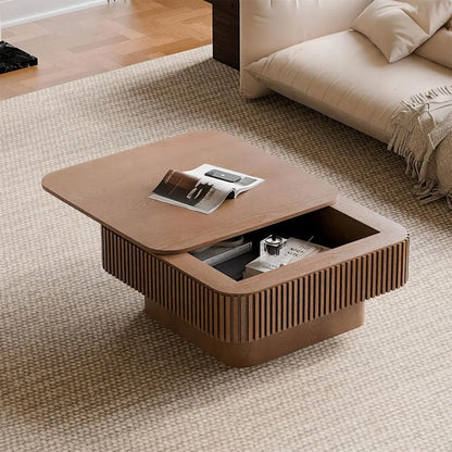 Square Coffee Table for Living Room,Fluted Drum Accent Tea Center Table with Storage,Solid Wood Modern Coffee Tables.