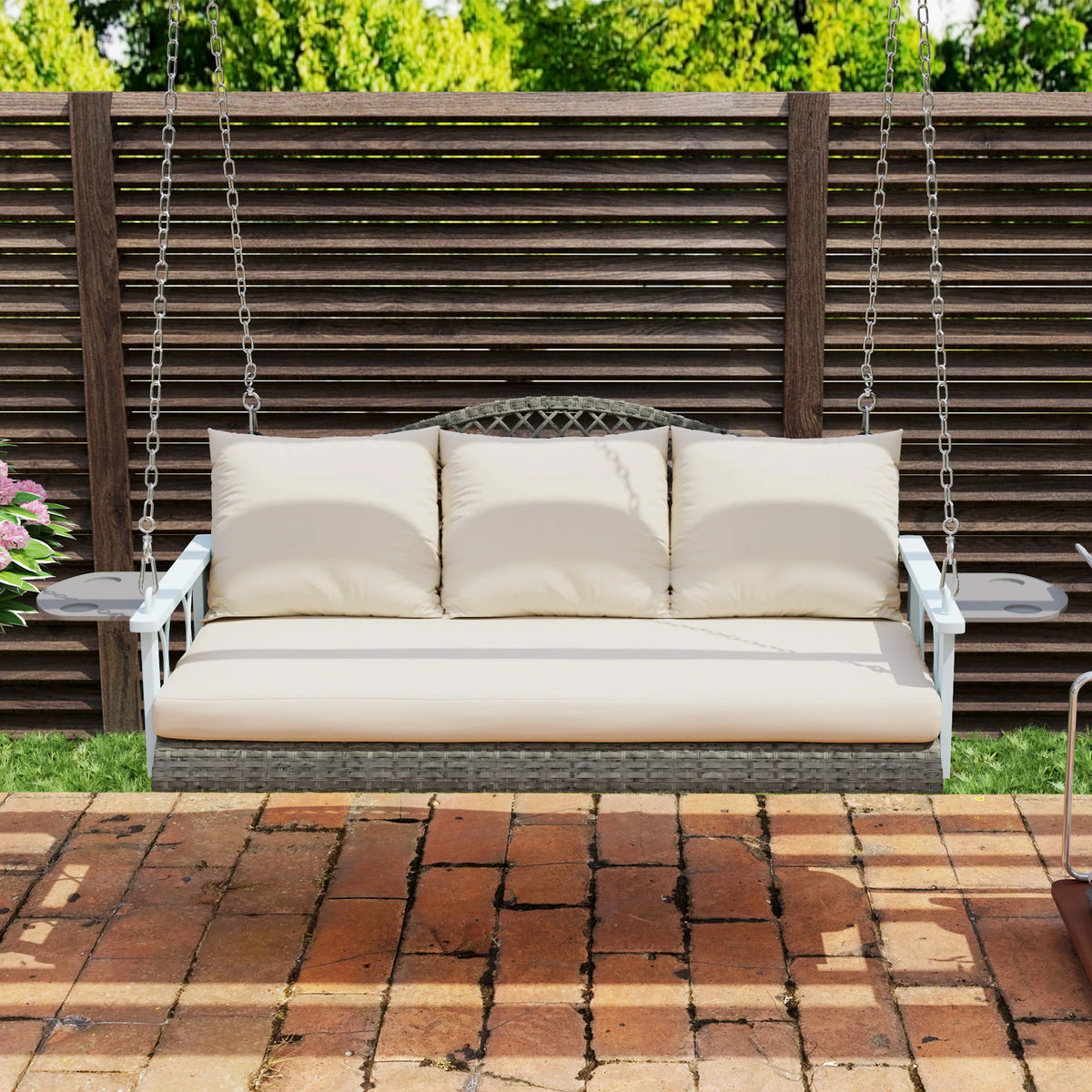 Outsunny 2 Person Wicker Hanging Porch Swing, 57 Inch Outdoor Porch Swing with Cup Holder, 800 Lbs Rattan Outdoor Patio Swing