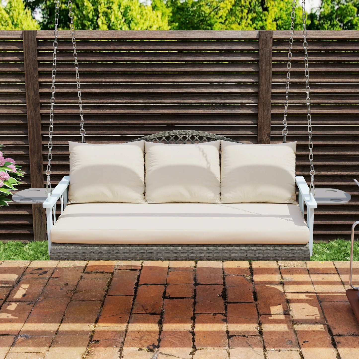 Outsunny 2 Person Wicker Hanging Porch Swing, 57 Inch Outdoor Porch Swing with Cup Holder, 800 Lbs Rattan Outdoor Patio Swing