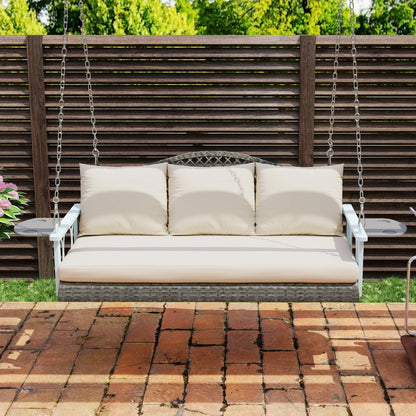 Outsunny 2 Person Wicker Hanging Porch Swing, 57 Inch Outdoor Porch Swing with Cup Holder, 800 Lbs Rattan Outdoor Patio Swing