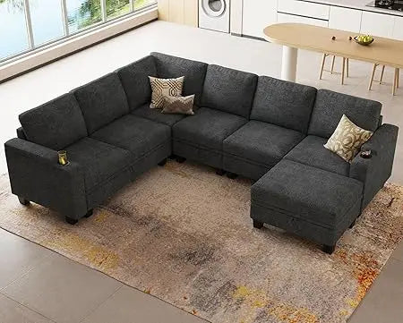 Sofa Convertible L Shaped Corner Couches for Living Room with Storage Armrest with Cup Holder Dark G