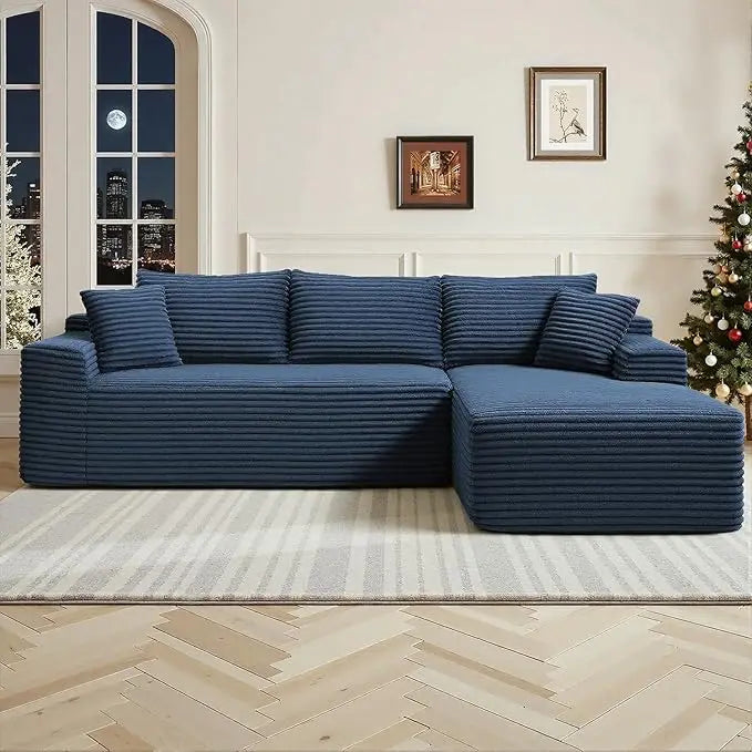 Modern 108 L-Shape Sectional Sofa, Deep Seated Cloud Couch, Corduroy Fabric, Black, Right Chaise, Living Room Furniture, No Asse