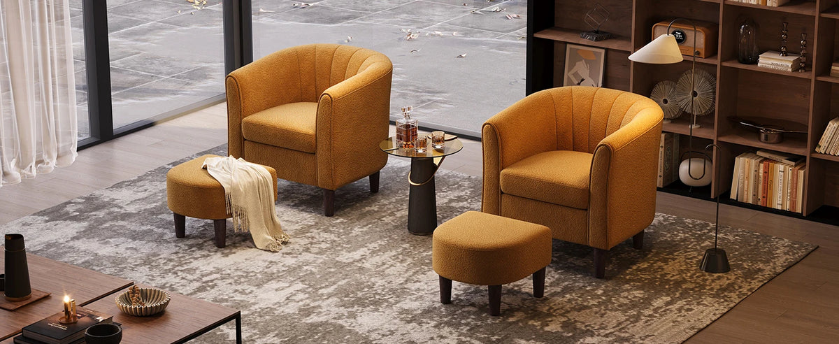 Ottoman Set of 2 - Chenille Accent Chair Mid-Century Modern Small Reading Chair Upholstered Armchair with Footrest  (Set of 2)