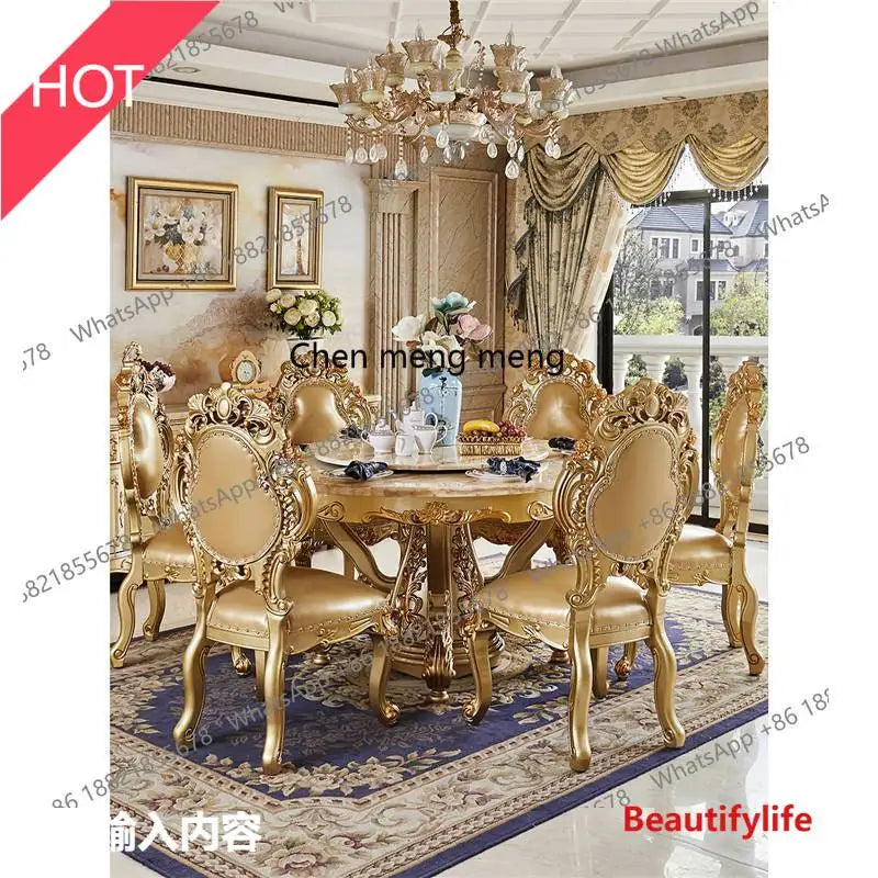 A07 European dining table and chair combination glass surface classical luxury solid wood carving flower round table with turnta