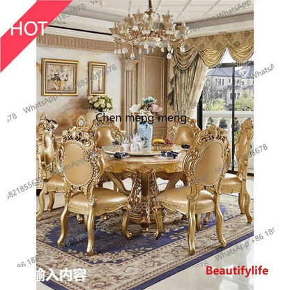 A07 European dining table and chair combination glass surface classical luxury solid wood carving flower round table with turnta