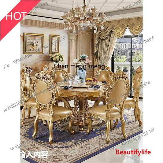 A07 European dining table and chair combination glass surface classical luxury solid wood carving flower round table with turnta