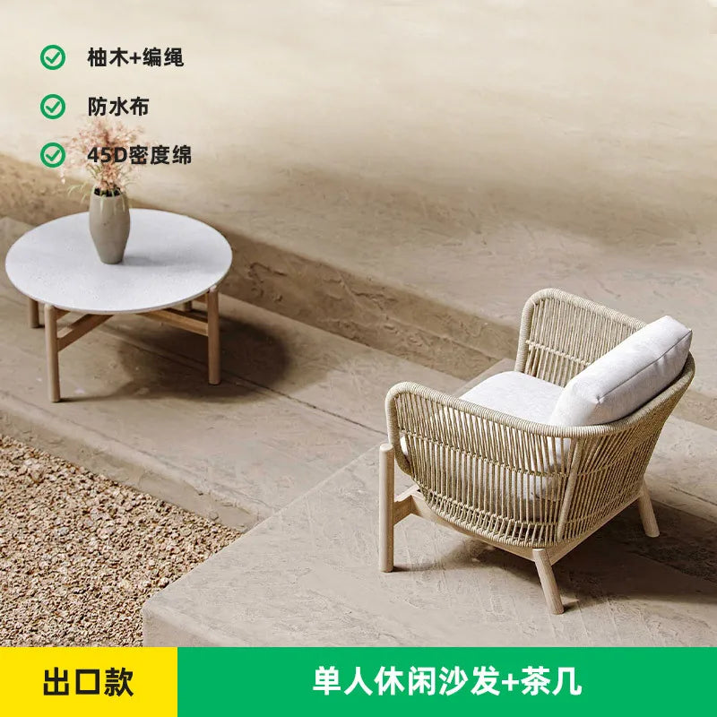 Outdoor sofa courtyard rattan teak outdoor garden villa hotel waterproof and sun protection homestay solid wood sofa furniture