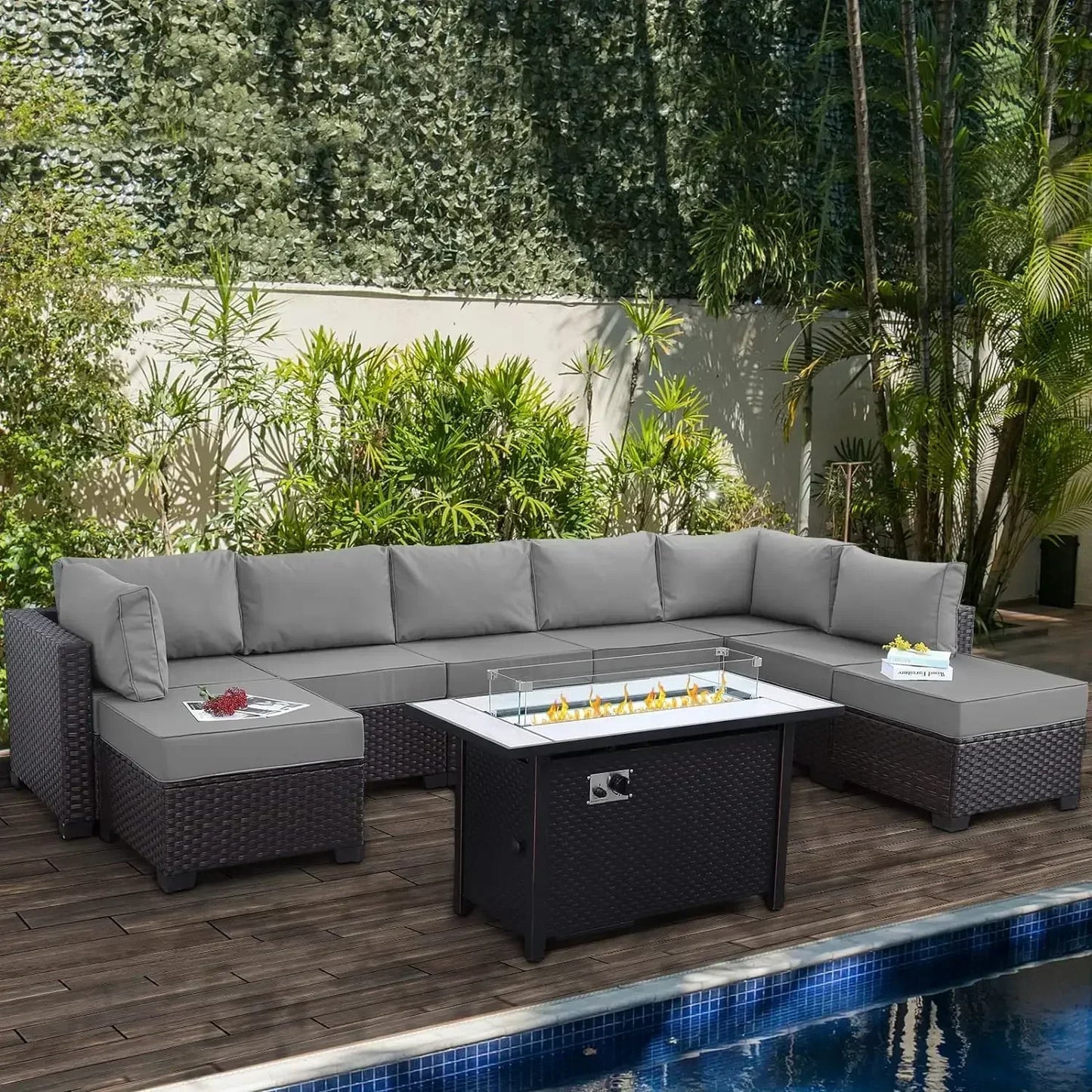 /-Patio Furniture 9 Piec Set with Cushions and 45” Gas fire Pit Table, Outdoor PE Rattan Sectional Conversation Sofa Set
