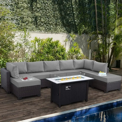 /-Patio Furniture 9 Piec Set with Cushions and 45” Gas fire Pit Table, Outdoor PE Rattan Sectional Conversation Sofa Set