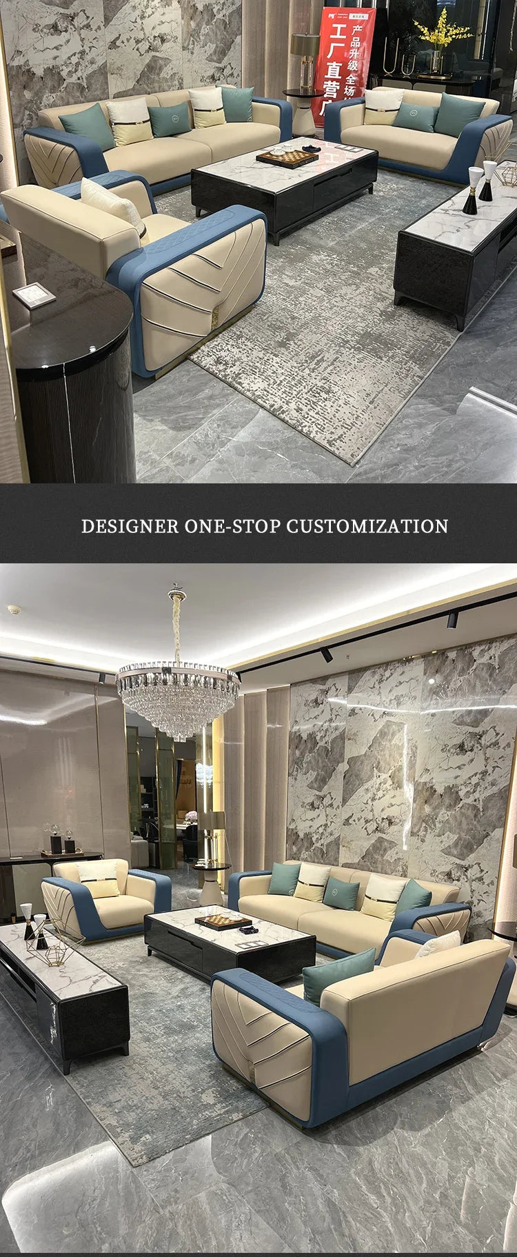 Italian light luxury large apartment leather sofa living room top layer cowhide designer villa high-end furniture combination