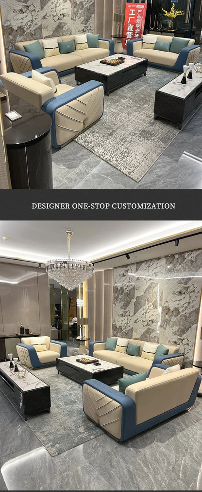 Italian light luxury large apartment leather sofa living room top layer cowhide designer villa high-end furniture combination