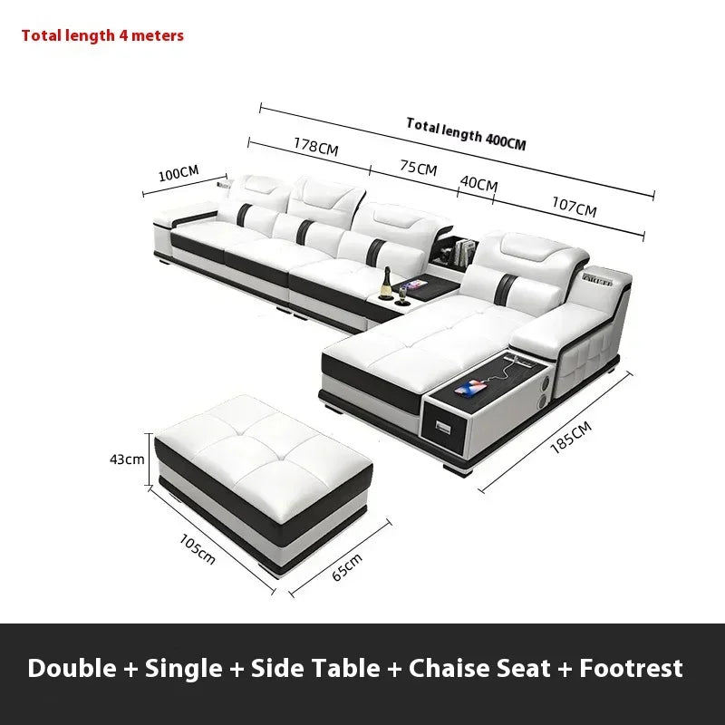 With Bluetooth Speaker And USB Ports Cow Leather Divano Living Room Furniture Luxury Italian Genuine Leather Sectional Sofa Set