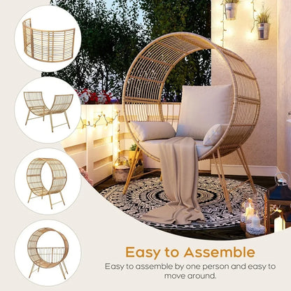 Outdoor Egg Chair, Oversized Wicker Patio Chairs with 6.69'' Cushions, 350LBS Capacity, Indoor Round Rattan Nest Chair with Sta