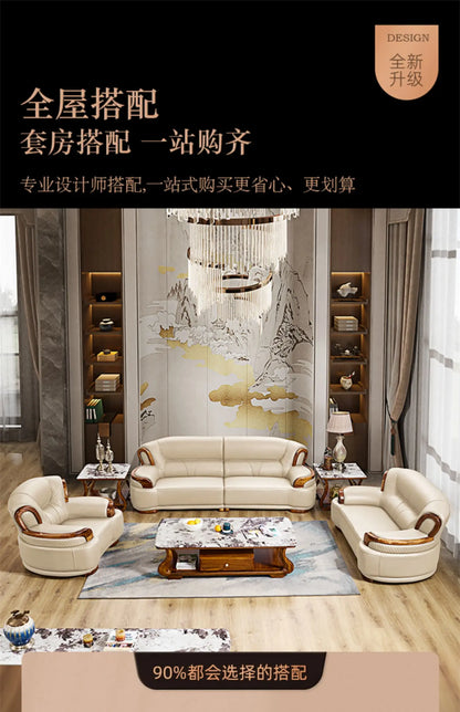A38 Leather Sofa Luxury Villa Living Room New Chinese Style First Layer Cowhide European Solid Wood Home