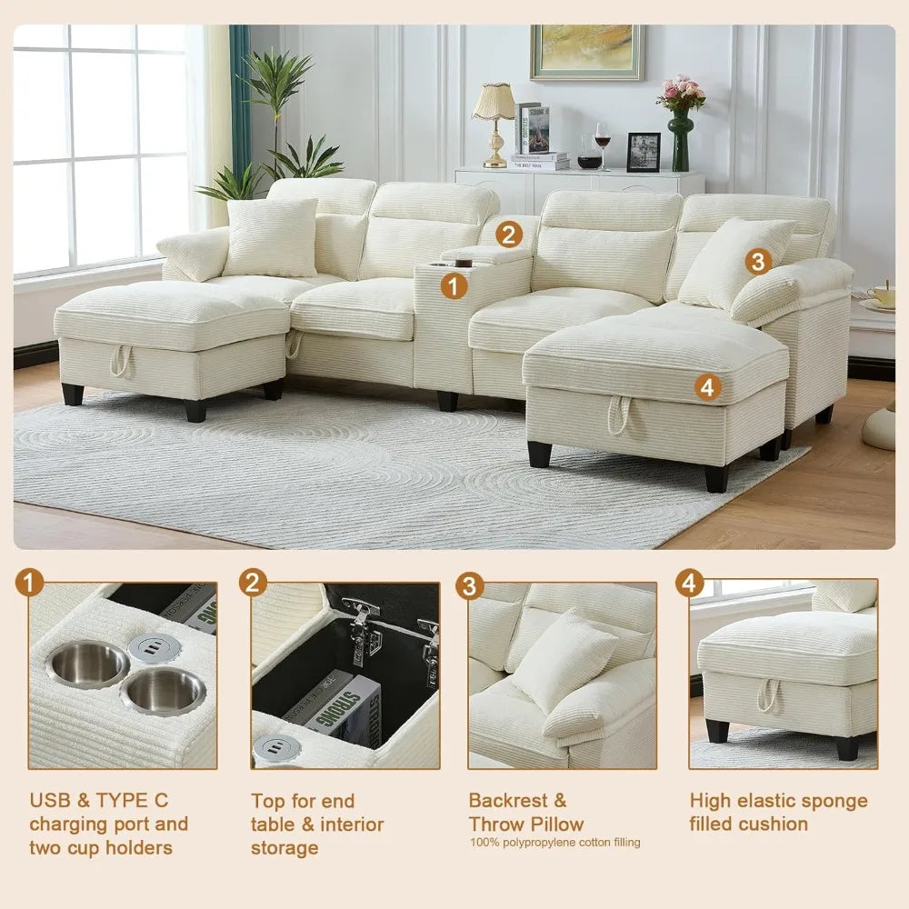 117 Inch Sofa Couch,Sectional Couches for Living Room with 2 Cup Holders,Corduroy Modular Sectional Sofa with Movable