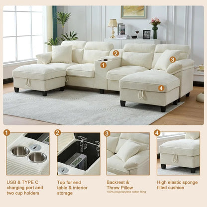 117 Inch Sofa Couch,Sectional Couches for Living Room with 2 Cup Holders,Corduroy Modular Sectional Sofa with Movable