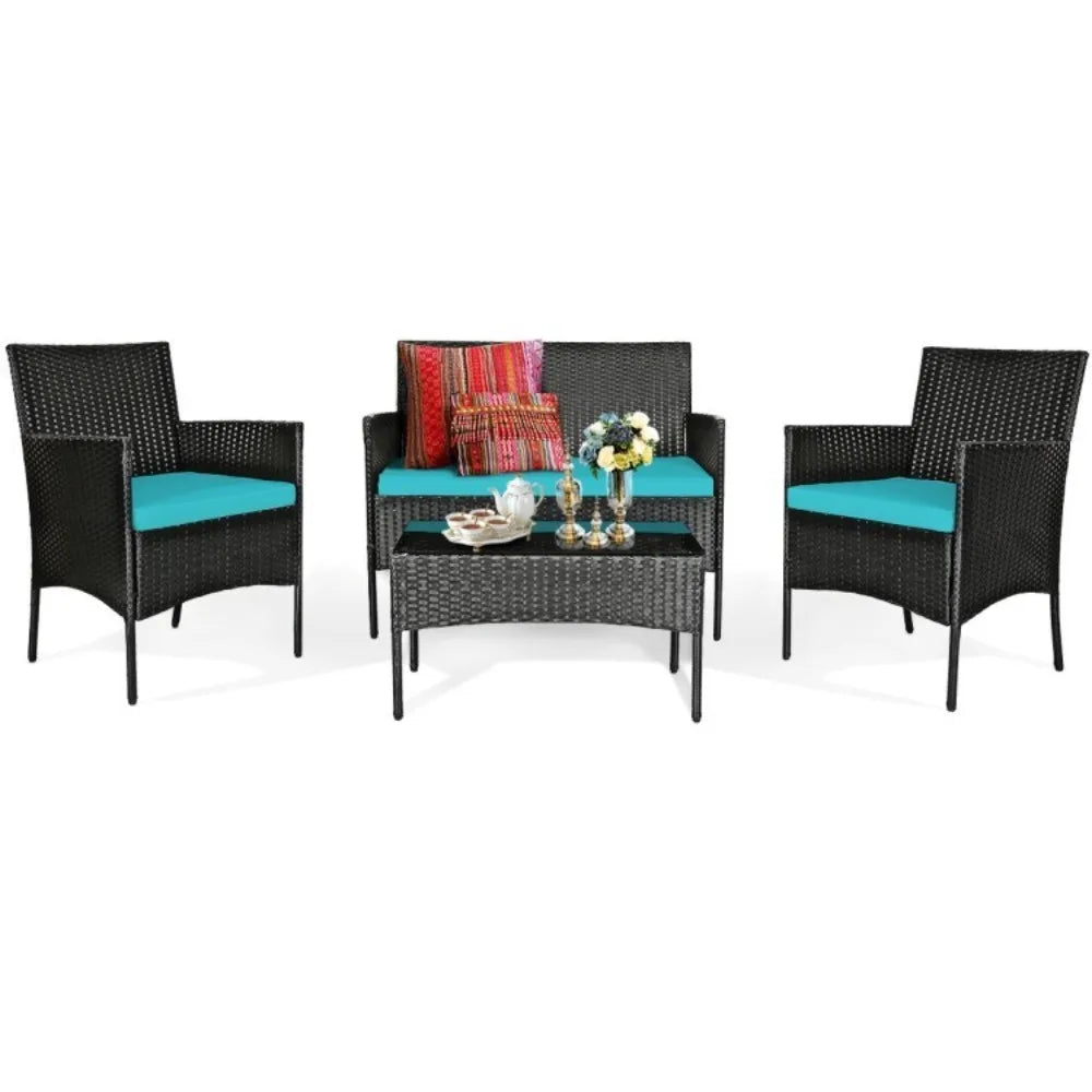 4 Pcs Patio Rattan Cushioned Sofa Furniture Set With Tempered Glass Coffee Tabl
