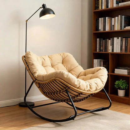 Light Luxury Outdoor Rattan Rocking Chair, Comfortable Backrest Cushion, Metal Frame, Garden Balcony Single Leisure Chair