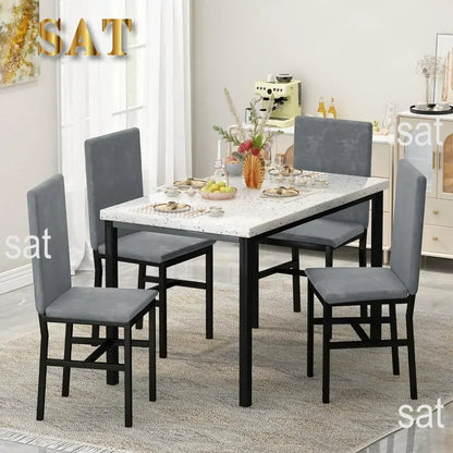 # Hot Sales Dining Table Set For 4- Space And Chairs For 4 Modern Style Faux Marble Tabletop & 4 Blue Velvet Chairs For Dining R