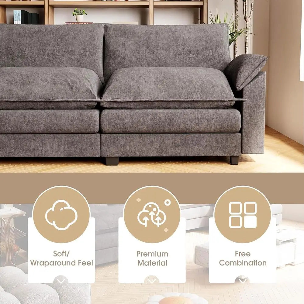 Sectional Sofa with Ottoman, Chenille Fabric, Convertible 3-Seater Couch for Living Room (Gray, L-Shape) | Breathable Material