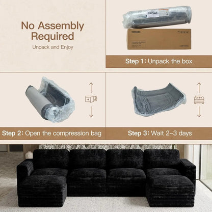 Cloud Sectional Couches for Living Room Plush Corduroy U Shaped Boneless Modular Sectional Sofa with Deep Seat. Black Couch.