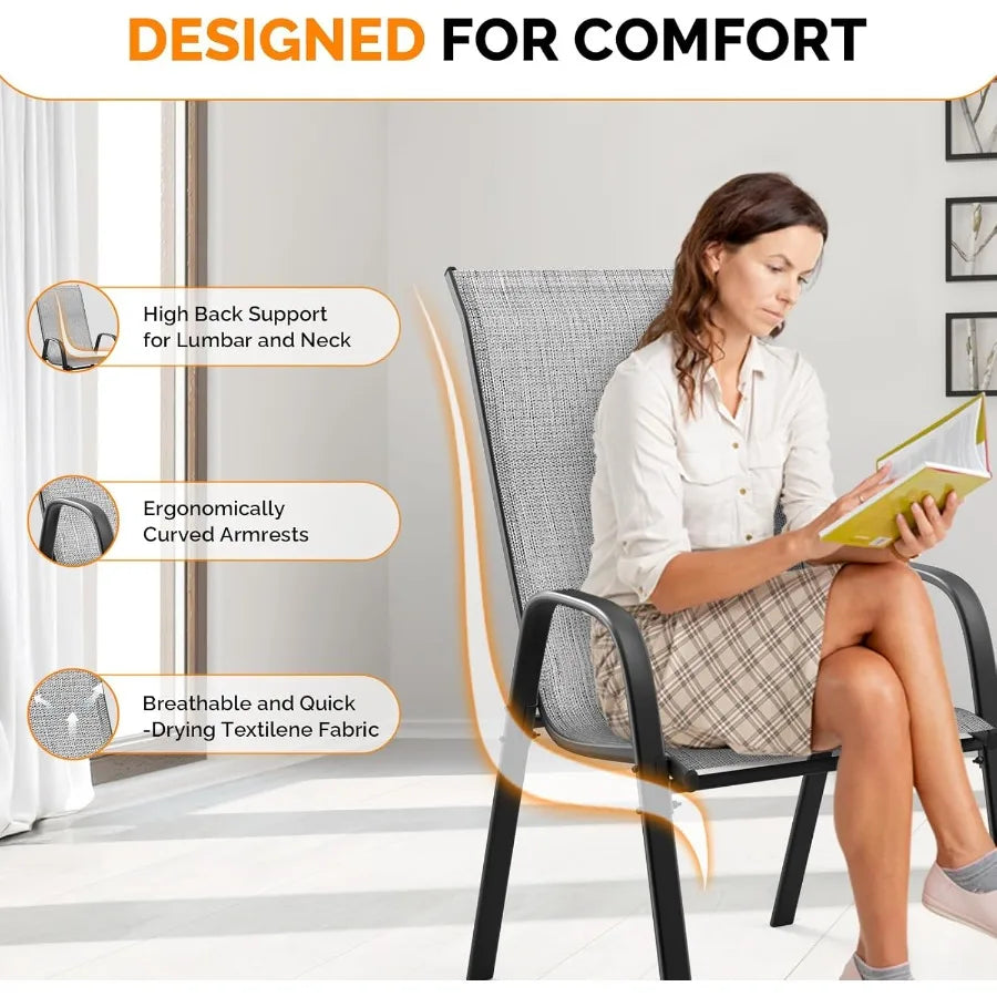 Patio Chairs Set of 8 Stackable Outdoor Dining Chairs with Comfortable Sling High Back Chairs and Armrests for Lawn Poolside Co