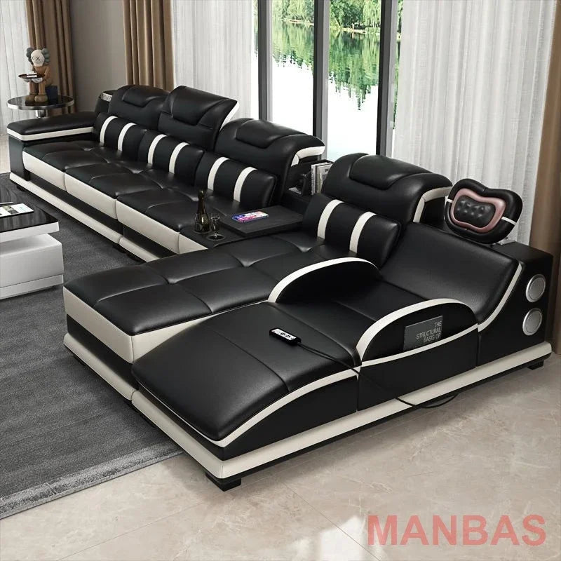 Italy Genuine Leather Sectional Sofa with Bluetooth Speaker,Functional Headrest,Massage Chaise | L Shape Corner Couch