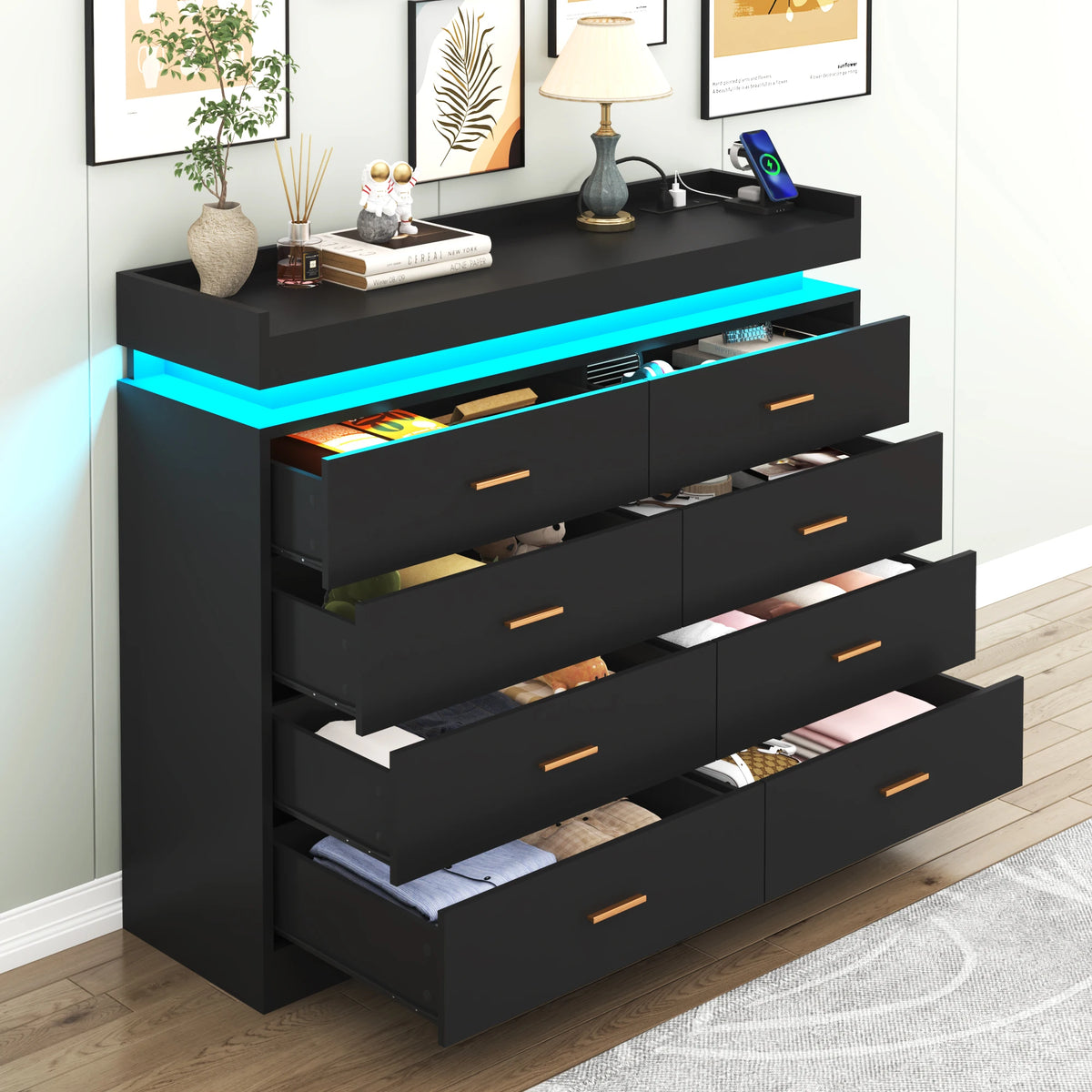 8 Drawer Dresser with LED Light, Modern Chest of Drawers for Closet, 47
