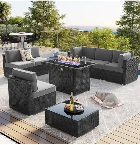 Furniture Set with 44" Propane Gas Fire Pit Table, Outdoor Sectional Conversation Set Wicker Rattan Sofa Set with Coffee Table