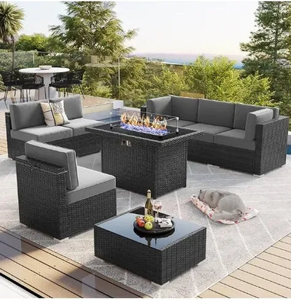 Furniture Set with 44" Propane Gas Fire Pit Table, Outdoor Sectional Conversation Set Wicker Rattan Sofa Set with Coffee Table