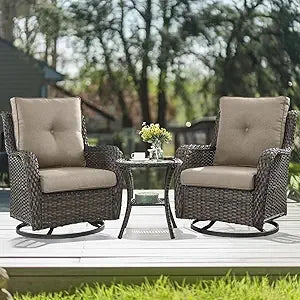 Chair Outdoor, Patio Bistro Furniture Conversation Set, Cushioned Wicker Chair with Glass Coffee