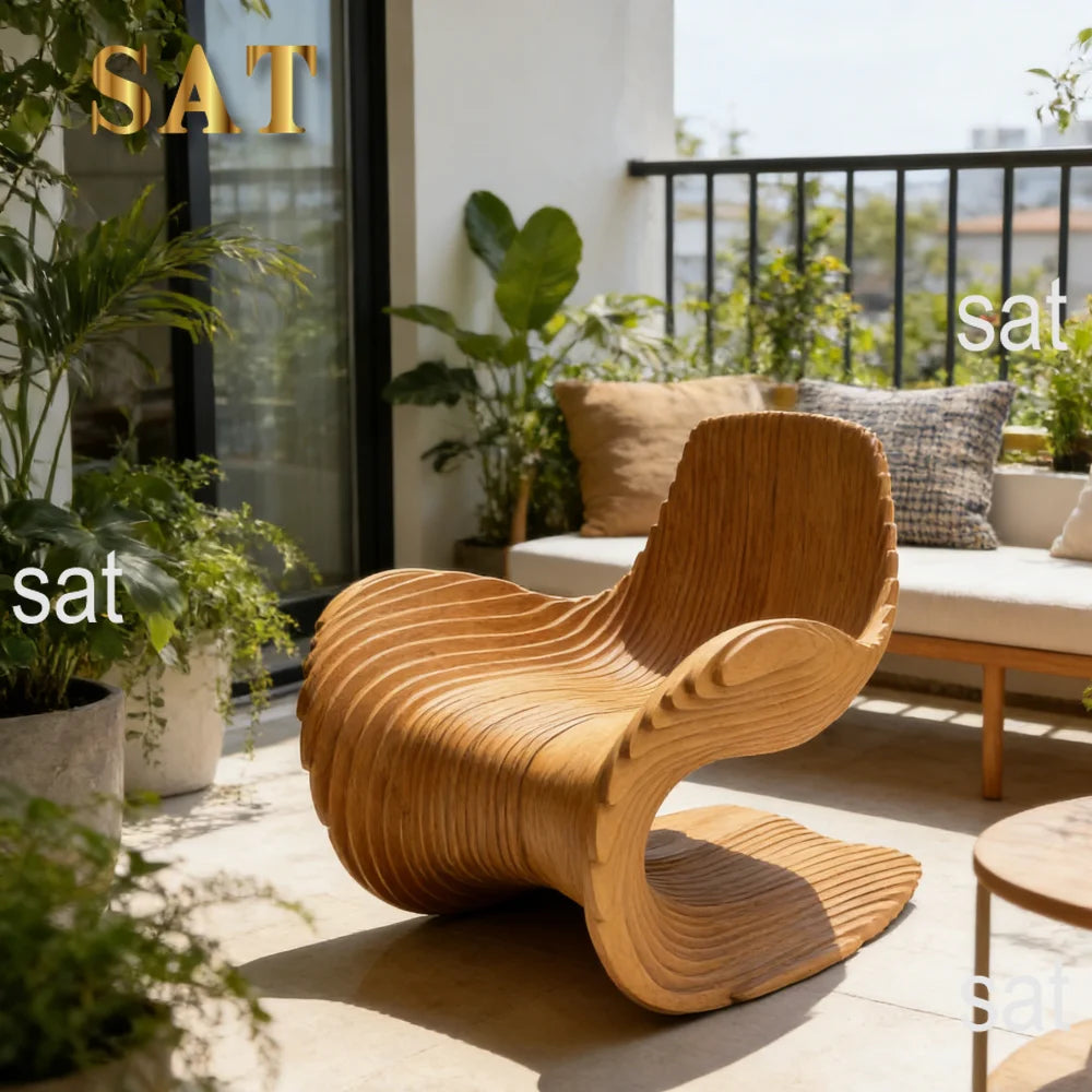 *Contemporary Wavy Solid Wood Slice Leisure Chair | Unique Irregular Accent Chair for Modern Living Room, Home Office & Patio