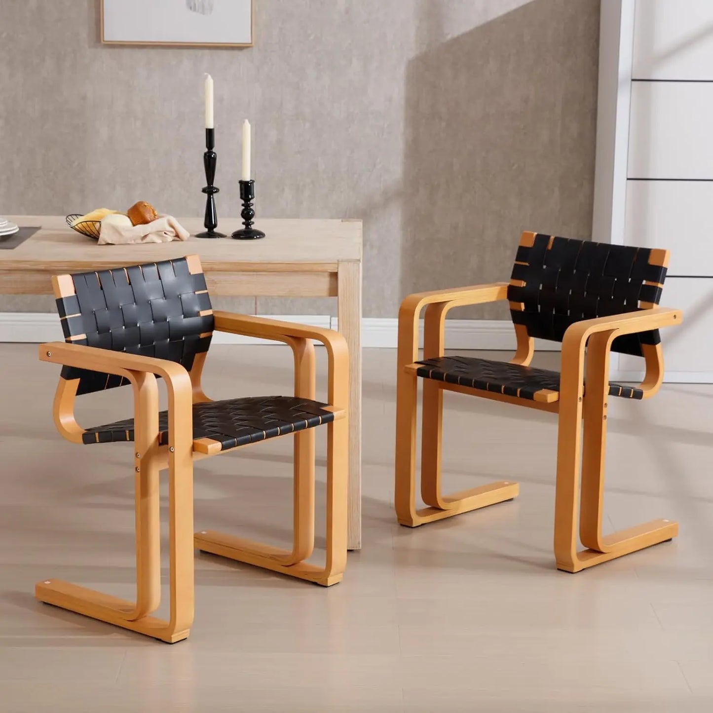 Dining Chair Black with Wooden Back Seat and Family Kitchen Cafe Restaurant Strap