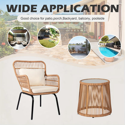 Boho-Inspired 3-Piece Outdoor Patio Set: Wicker Conversation Chairs with Beige Cushions + Round Tempered Glass Side Table — Lightweight, Weather-Resistant Design for Garden, Balcony, Deck or Porch Use