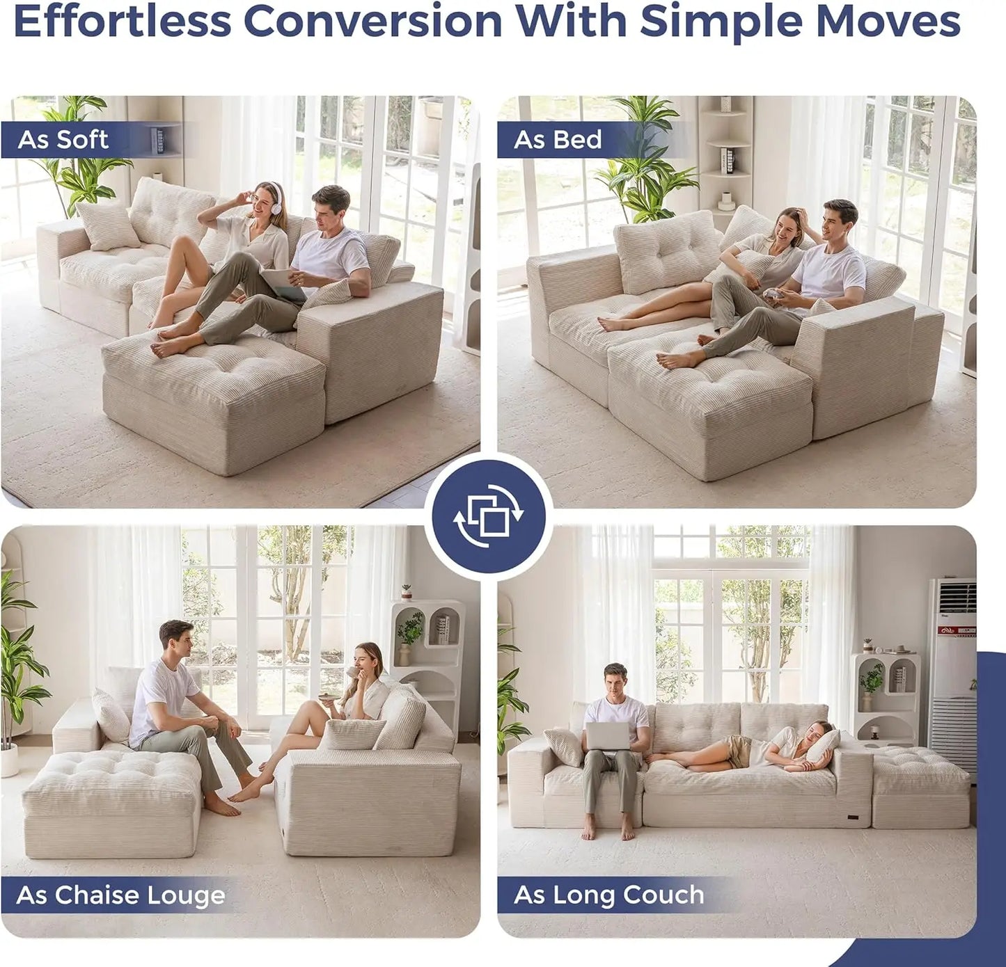 104" L-Shaped Modular Sectional Sofa with Ottoman, Cloud Couch, No Assembly, Beige for Living Room