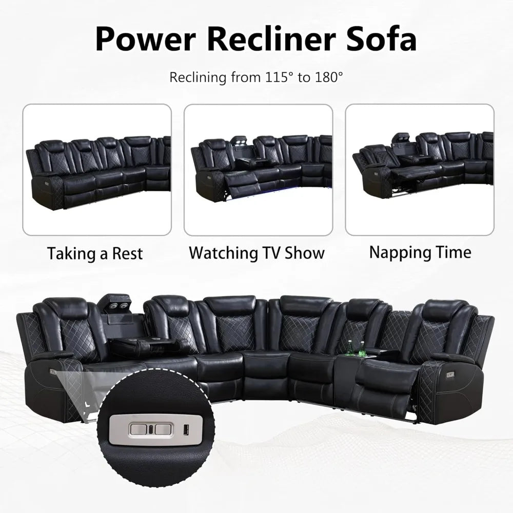 Power Recliner Sectional Sofa with LED Lights, USB Ports & Cup Holders - 6 Seater Living Room Set