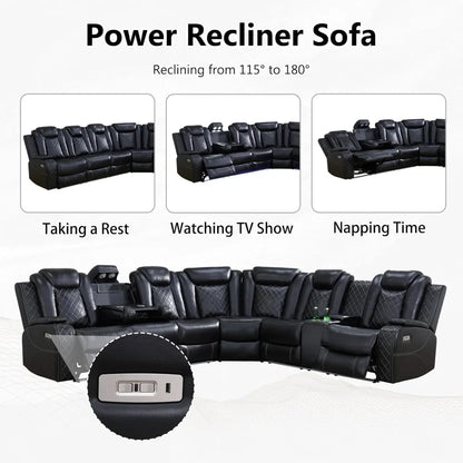 Power Recliner Sectional Sofa with LED Lights, USB Ports & Cup Holders - 6 Seater Living Room Set
