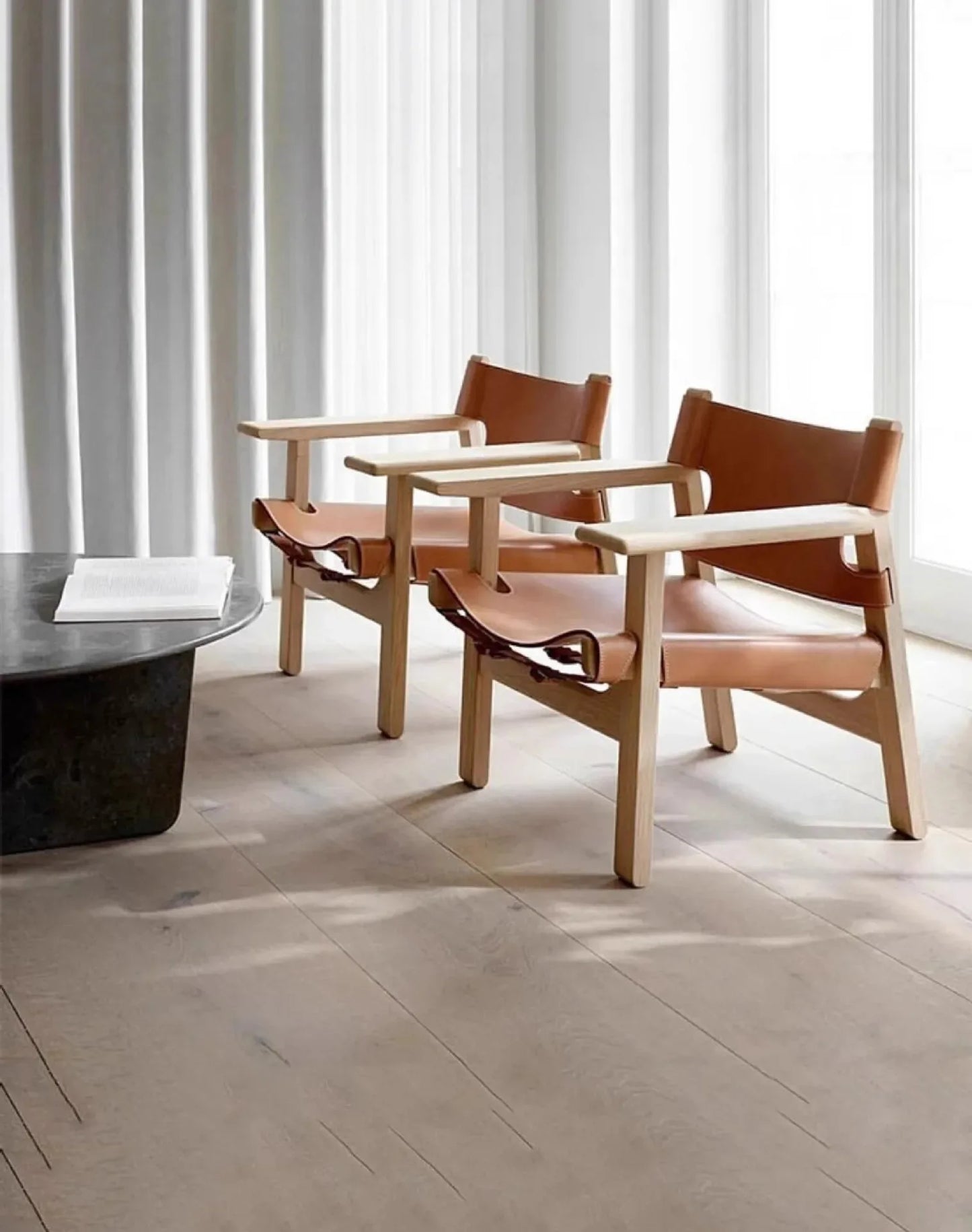 Nordic Solid Wood Design Saddle Leather Hunting Chair Living Room Balcony Wabi Sabi Single Deck Chair